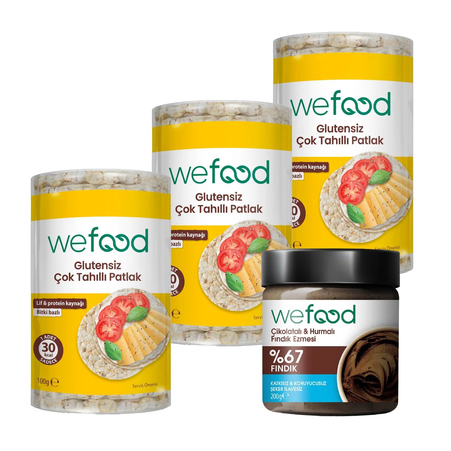 Wefood Çikolatalı Hurmalı Fındık Ezmesi 200 gr + Wefood Glutensiz Çok Tahıllı Patlak 100 gr 3'lü